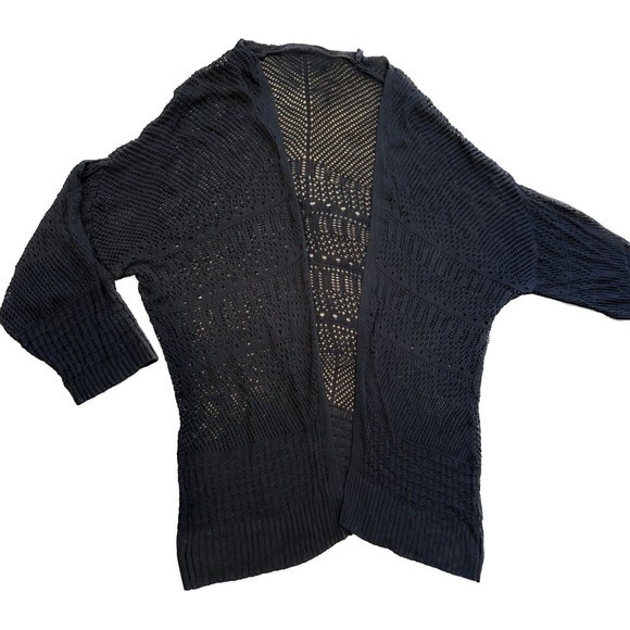 Sweaters - 2XL Women's Hollow Out Open Front Long Sleeve Knit Cardigan Sweater BLACK